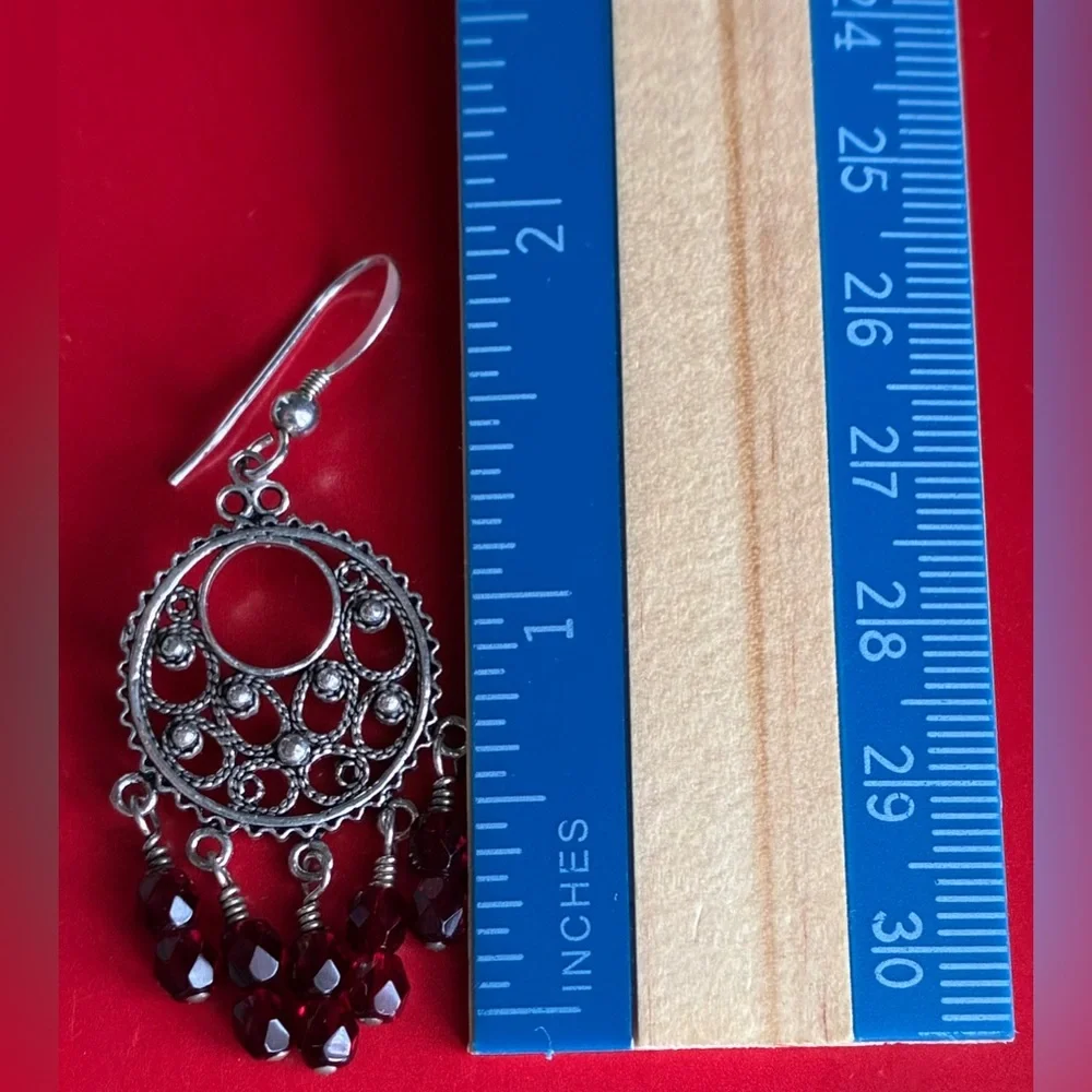 925 Sterling Silver Earrings,Filigree Dangle Earrings with Garnet Red Bead Drops